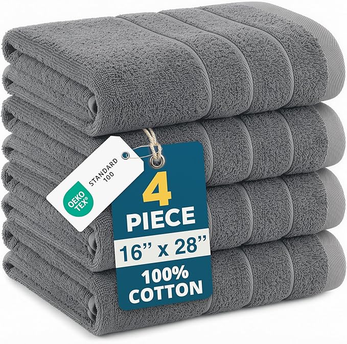CASA PLATINO Hand Towels for Bathroom - 4 Pack (16"x28"), 100% Cotton Face Towel Set - Soft, Fade & Shrink Resistant - Hotel & Spa Inspired Hand Towels for Bathroom for Modern Family Homes - Cool Grey