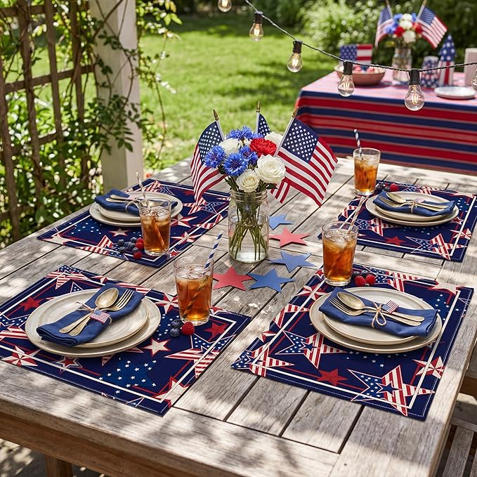4th of July Red White Blue Star Placemats, USA 250th Anniversary 1776-2026 Independence Day Watercolor Star Table Mats, Washable Patriotic Placemats for Memorial Day Party Decor, Set of 4