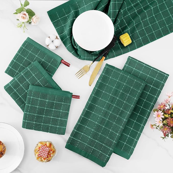 Homaxy Kitchen Towels and Dishcloths Set, 12 x 12 and 13 x 28 Inches, Set of 16 Bulk Cotton Terry Kitchen Towels Set, Checkered Designed, Soft and Super Absorbent Dish Cloths, Dark Green