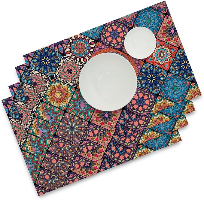 Boho Bohemian Placemats Set of 4, Vintage Seasonal Washable Linen Table Mats for Dining Table Decorations (Bohemian A, 12” x 18”)