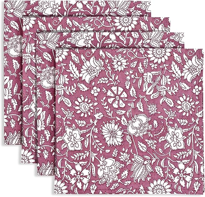 Ridhi Mauve Vine Garden Hand Block Print 100% Cotton Napkins 18" x 18" (Set of 4) Reuseable Kitchen Napkins Cloth Decor Dinner Party Wedding Cocktail Gift for Spring, Easter, Valentine