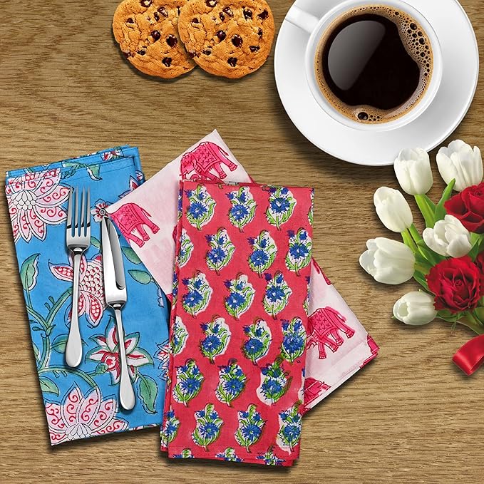DIYANAIMPEX 10 Pc Cotton Cloth Napkins Hand Block Print Hand Made Size 16x16 Inch Printed Home Decor Indian Eco Friendly Mix Lot Dinner Napkins (Multicolor)