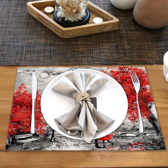 Placemats Set of 6,Vintage Eiffel Tower Linen Table Mats Heat Resistant Place Mats Washable Dining Table Mats for Indoor Outdoor Kitchen Decor Easy Clean 12 x 18 Inch