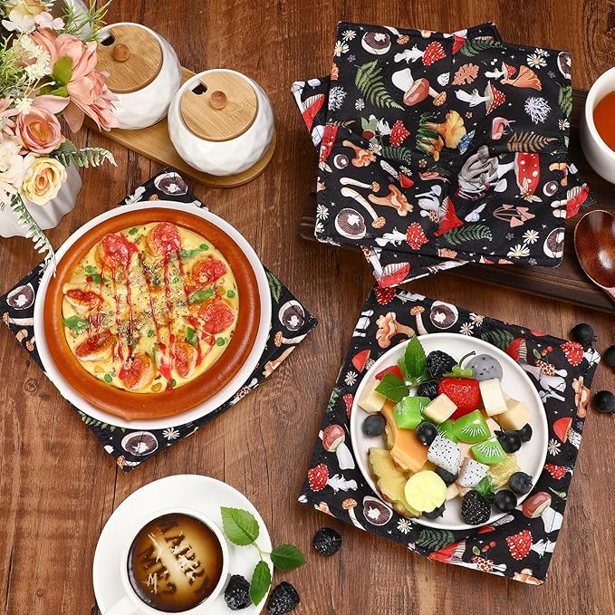 Cunhill 4 Pcs Cotton Microwave Bowl Cozy Holders for Hot Food Hot Pads Soup Bowl Potholders Heat Resistant Multipurpose Quilted Safe Holders for Kitchen Plate Supply(Black,Mushroom Style)