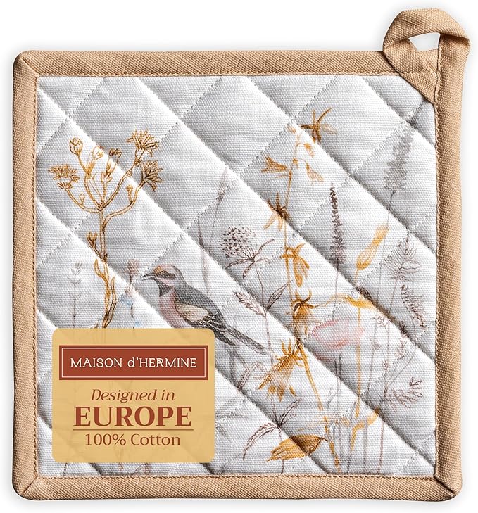 Maison d' Hermine Pot Holders 100% Cotton Heat Resistant Potholders 8" x 8" Hot Pads with Loop BBQ Baking Gifts for Mothers Day Handling Hot Pans Spring/Summer (Pack of 1, Meadow Florals - Beige)