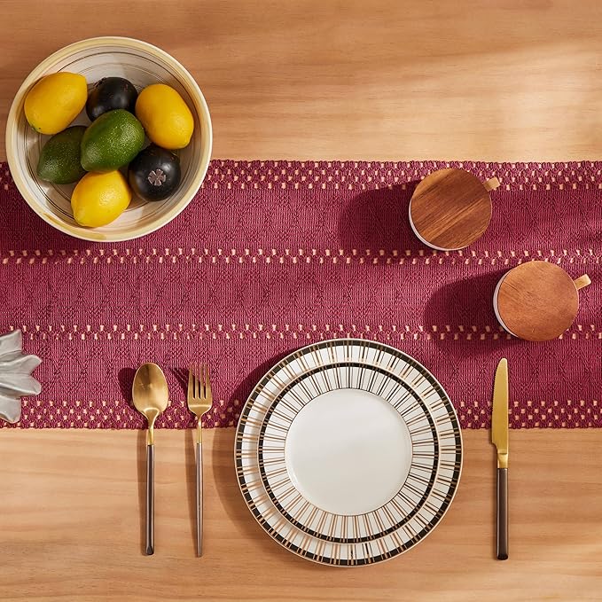 ZeeMart Macrame Style Boho Table Runner, Burgundy Red Table Runners 90 Inches Long, Farmhouse Woven Home Decor, 12x90 Inch, Burgundy