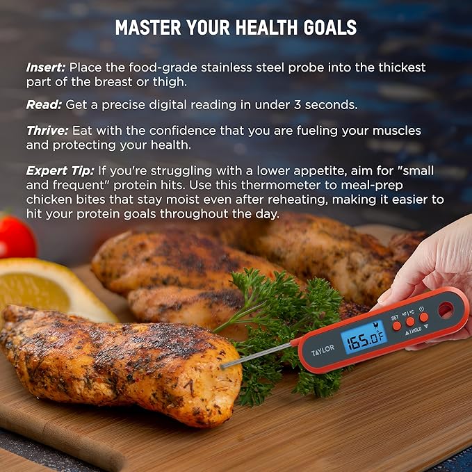 Taylor Digital Waterproof Meat Thermometer for GLP-1 High Protein Meal Prep – Folding Probe for Chicken, Salmon, Steak – Programmable Presets, Backlit Display for Oven, Grill, Orange