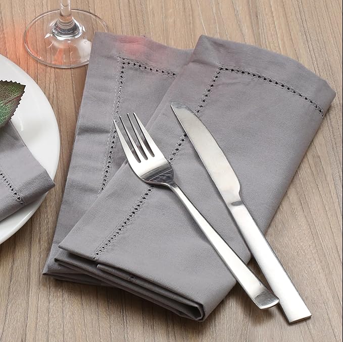 Lightnpro Decorative Cloth Dinner Napkins with Hemstitched, Wedding, Cocktail & Party Napkins, Mitered Corners, Machine Washable, 12 Elegant Table Napkins for Special Occasions - 18x18 Inch Ash Grey