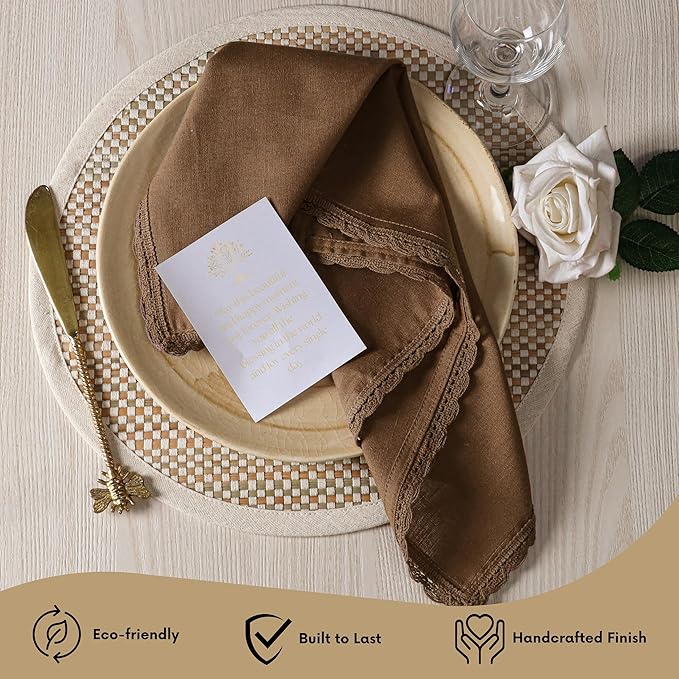 Ramanta Home Linen Flax Cloth Napkins Set of 12 Brown, 18x18 Inch | Easter Premium Cotton Linen Flax Lace Soft & Durable | Washable Ideal for Spring Basket Décor, Wedding Party, Kitchen, Everyday Use