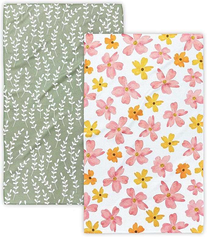 Eulnars Kitchen Towels, 18" x 30" Tea Towels for Kitchen, Premium Microfiber Dish Towels for Kitchen Drying, Blush Garden Series, 2-Pack
