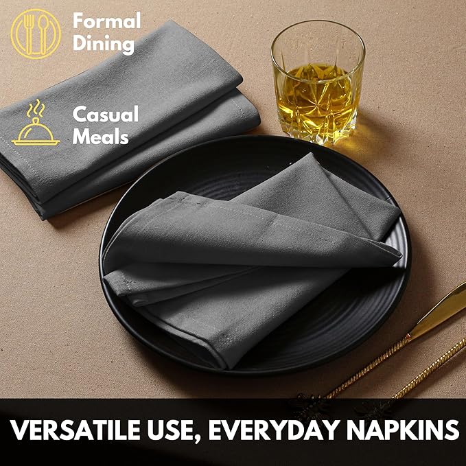 Cloth Napkin 100% Cotton 17"x17" Decorative Washable Table Napkins Set of 12 for Dining, Holidays, Buffet Parties & Wedding Use - Gray