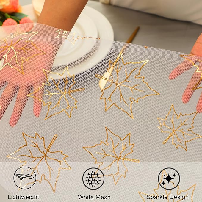 Snowkingdom 2 Pcs Gold Table Runner, Gold Maple Leaves Fall Thanksgiving Table Decorations for Autumn Harvest Sequin Glitter Lightweight White Thin Mesh Sparkle Farmhouse Dining Party Decor 120 Inch