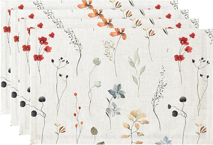 LilyCat Linen Fabric Floral Placemats, Waterproof Durable Boho Dining Table Mats for Kitchen, Rustic Vintage Washable Place Mats Set of 4, 18’’× 12’’