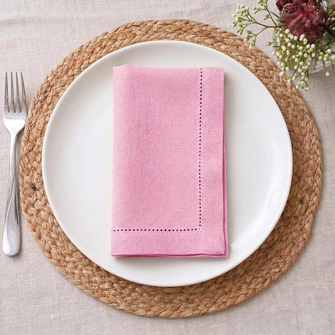 Palisa Pink Cotton Napkins Set of 12 | Premium Hemstitch Detailing Cloth Dinner Napkins 18x18 Inch | Soft Washable & Reusable Table Napkins for Everyday Use Weddings Parties Restaurants & Hotels
