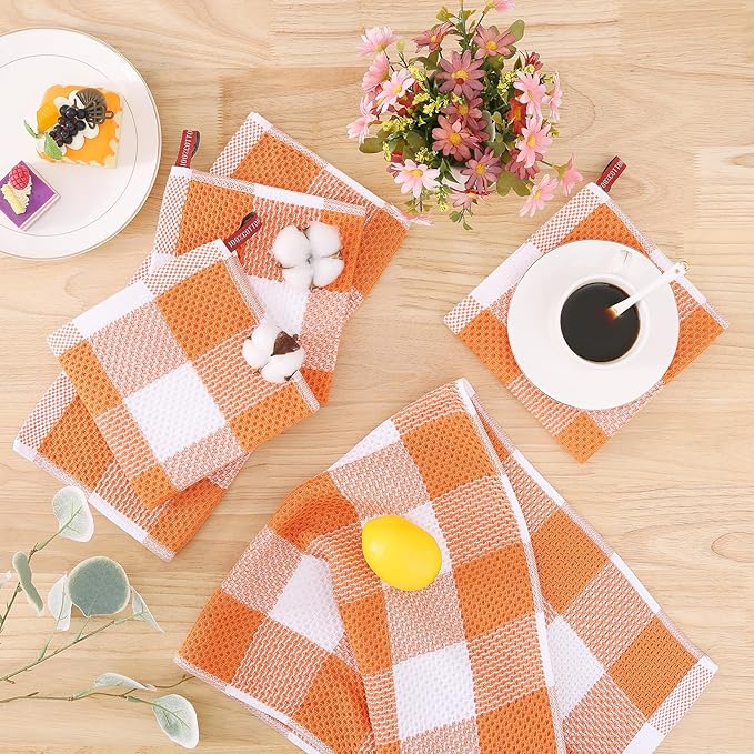 Homaxy Kitchen Towels and Dishcloths Set, 12 x 12 and 13 x 28 Inches, Set of 8 100% Cotton Waffle Weave Check Plaid Kitchen Dish Towels, Super Soft and Absorbent Dish Cloths, White & Orange