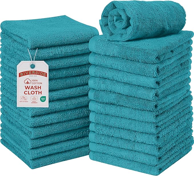 RIVERSIDE Pack of 24 Wash Cloths for Showering, 12 x 12 Inches, Super Soft & Absorbent, 100% Cotton Washcloths Premium Quality Flannel Face Cloths for Bathroom, Gym, Spa (Teal, 24 Pack)