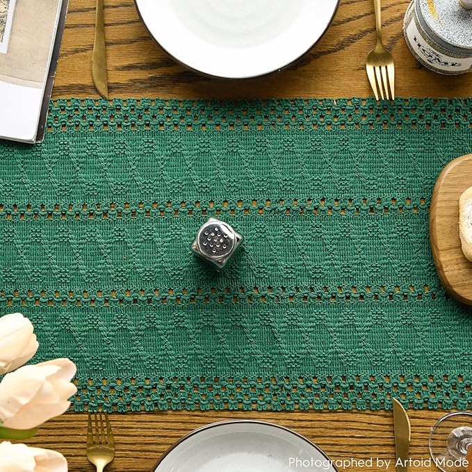Artoid Mode Dark Green Farmhouse Woven Rustic Hollow Table Runner, Seasonal Holiday Hollow Kitchen Dining Table Decoration for Home Party Decor 12x90 Inch