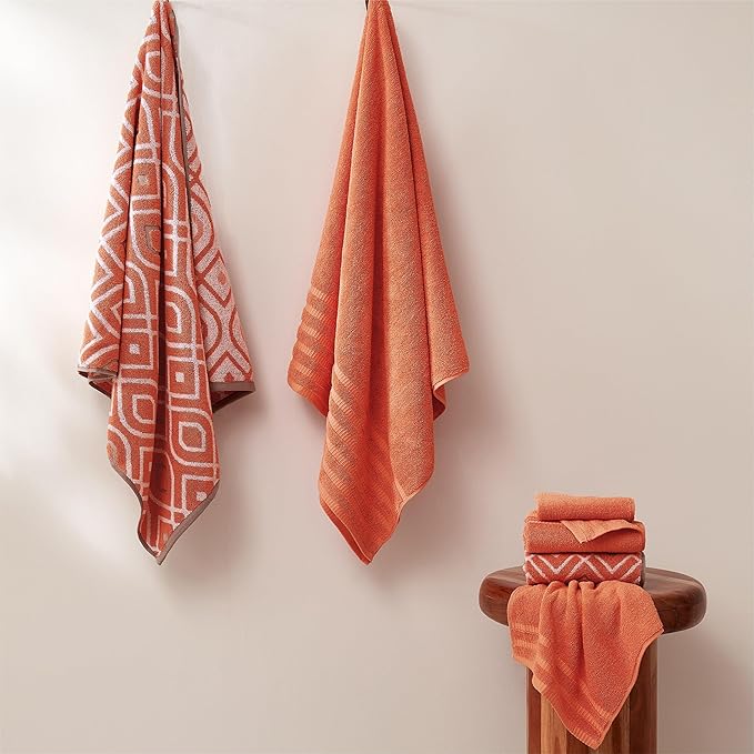 Modern Threads Classic Diamond 6-Piece 100% Cotton Towel Set – Yarn Dyed Jacquard – Includes 2 Bath Towels, 2 Hand Towels, 2 Washcloths – Absorbent, Quick Dry, Soft & Durable – Rust Orange