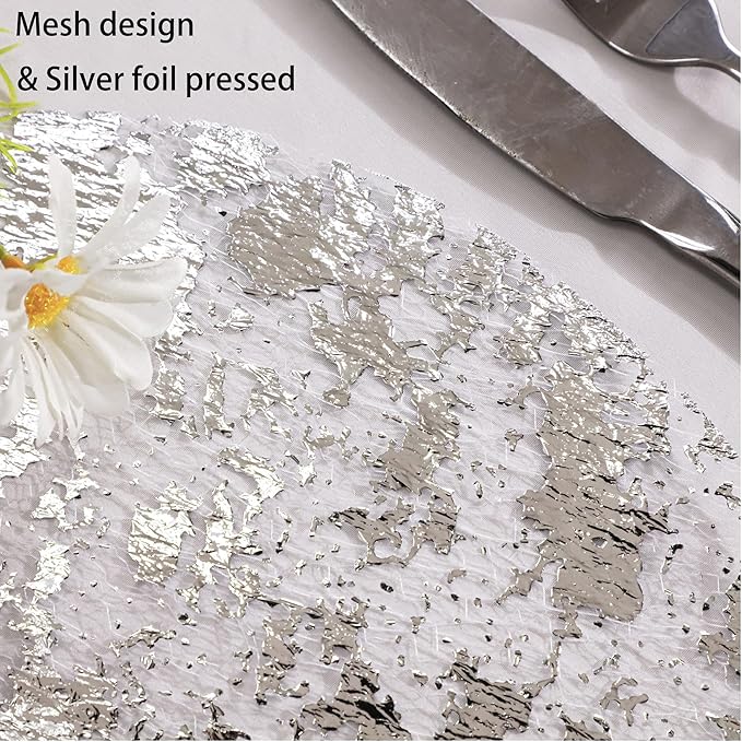 Snowkingdom Silver Disposable Placemats Set of 50 Foil Mesh 13 Inch Round Table Mates Bulk 50 Pack Silver Doilies for Dining Table Wedding Birthday Party Holiday Home Decoration