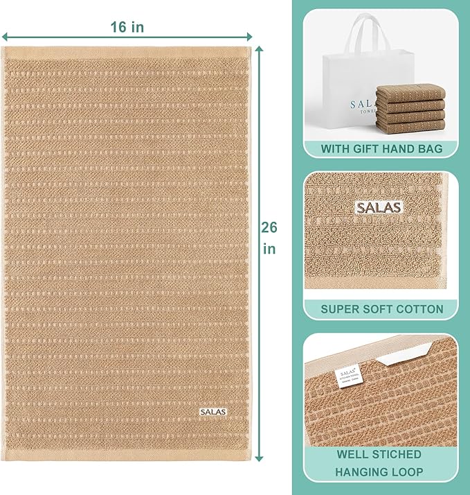 SALAS Kitchen Dish Towels, Bulk Cotton Kitchen Hand Towels, 390 GMS Plaid Dish Cloths Rags for Drying Dishes with Hanging Loop, 16‘’ x 26‘’, 4 Packs, Khaki