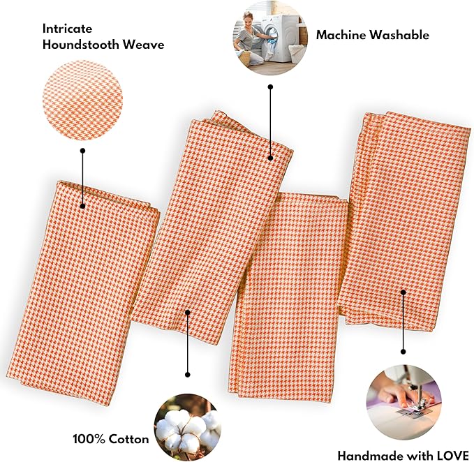 Cloth Napkins 18”X18” 100% Cotton Decorative Washable Table Houndstooth Check Napkin for Kitchen, Party, Wedding, Restaurant & Camping - Orange (Set of 4)