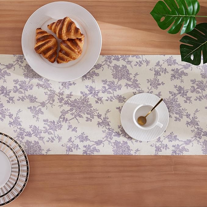100% Cotton French Pastoral Table Runners, 13x60 Inch Purple Farmhouse Table Runners 60 Inches Long, Vintage Flowers Print Home Decors