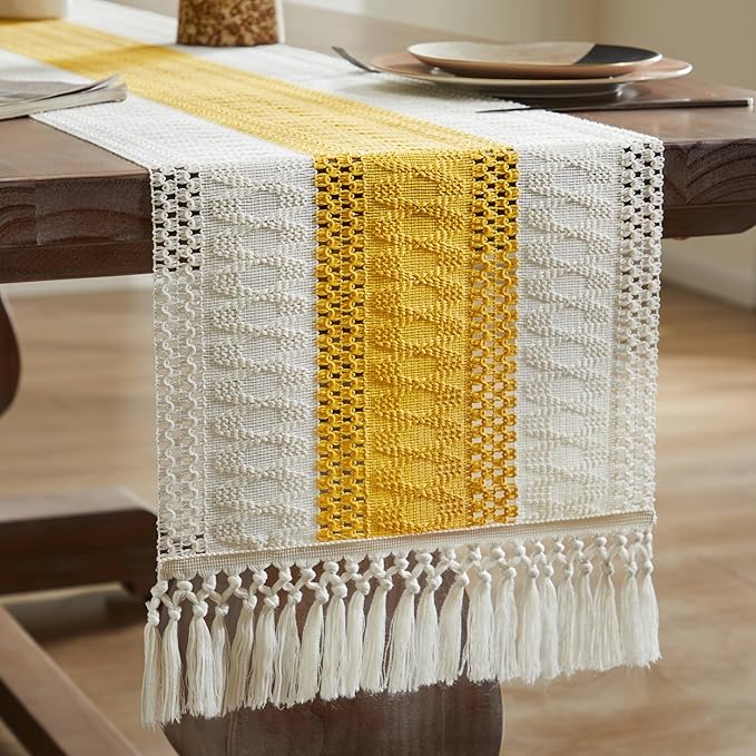 ZeeMart Macrame Style Bicolor Stitching Table Runner, 14 x 60 Inch Mustard/Ivory, Boho Yellow Table Runners 60 Inches Long, Farmhouse Woven Home Decor