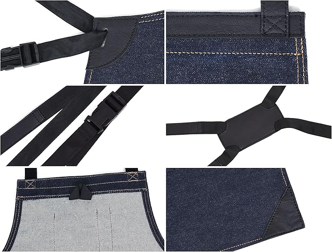 One Size Fits Utility Apron | Adjustable Cross-Back Straps | Multi-Use Shop Apron With Tool Pockets By Aaron Leather Goods (Denim, Cotton)