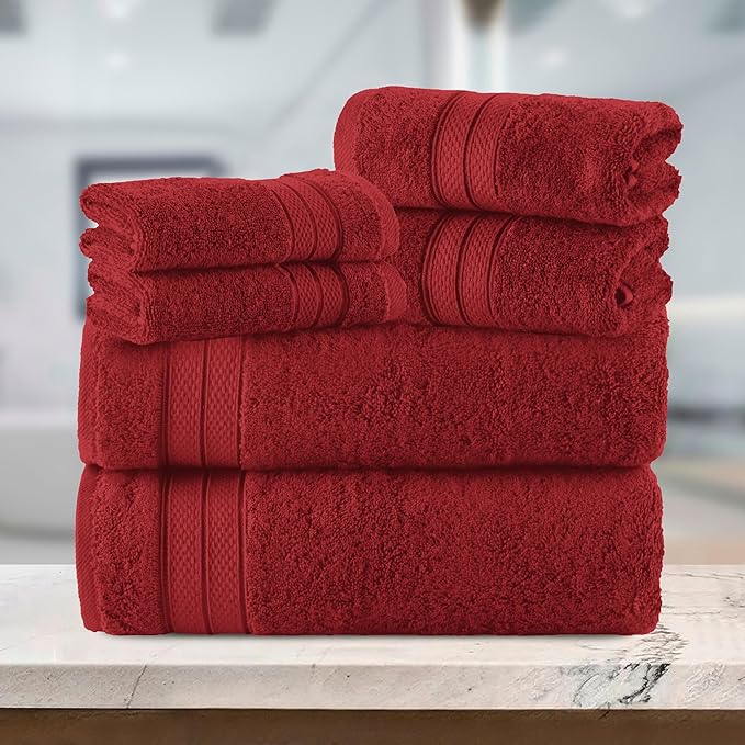 Elegant Comfort Luxury 6-Piece Towel Set, Premium Soft 100% Turkish Cotton, Three Line Popcorn Design 2 Bath Towels, 2 Hand Towels and 2 Washcloths Towel Set - Quick-Drying and Absorbent, Burgundy