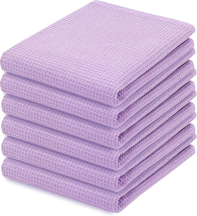 PurpleEssences Waffle Weave Kitchen Towel, 100% Cotton - 15x25 Inches with Hanging Loop, Ultra Soft Absorbent Quick Drying Dish Cloth, Tea and Hand Towels, 6 Pack - Spring Easter Summer - Lavender