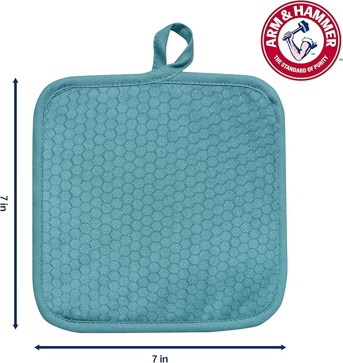 Arm & Hammer Quilted Pot Holders, Heat Resistant, Non-Slip Silicone Grip, 2 Pack, Teal