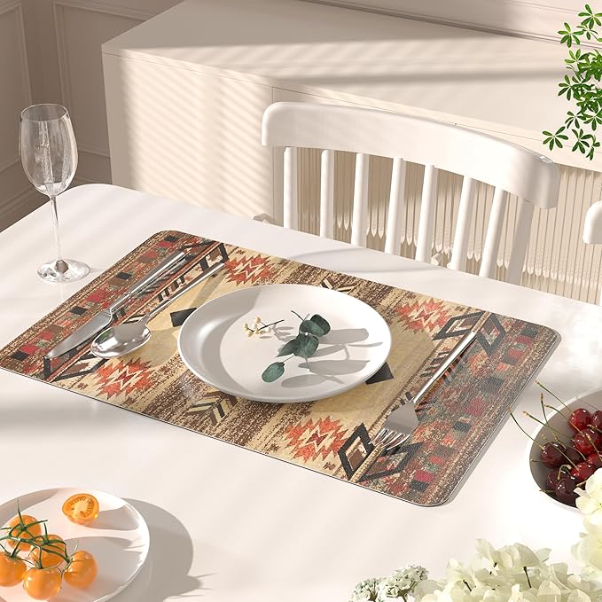 QIYI Placemats Set of 4, 12x18 Inch Faux Leather Place Mats for Kitchen Dinning, Heat Resistant Anti Slip Brown Table Mats, Waterproof Wipeable Washable Placemat Party Table Décor, Geometric Motifs