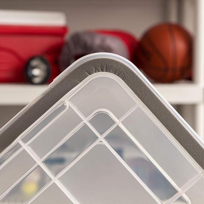 IRIS USA WeatherPro 6 Qt Storage Bins with Lids, 6 Pack, BPA-Free Plastic Gasket Box with Tight Latch and Seal, Stackable Nestable Tote Tub - Clear/Black