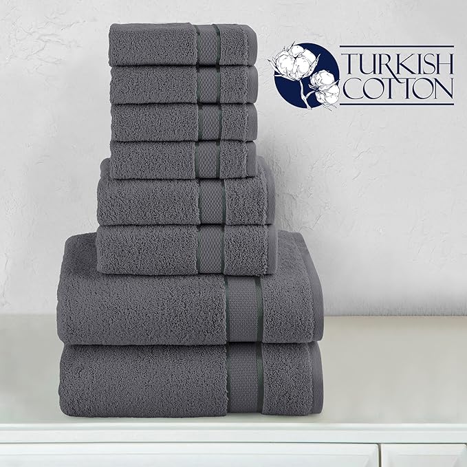 Elegant Comfort Premium Cotton 8-Piece Towel Set, Includes 4 Washcloths, 2 Hand Towels and 2 Bath Towels, 100% Turkish Cotton - Highly Absorbent and Super Soft Towels for Bathroom, Grey