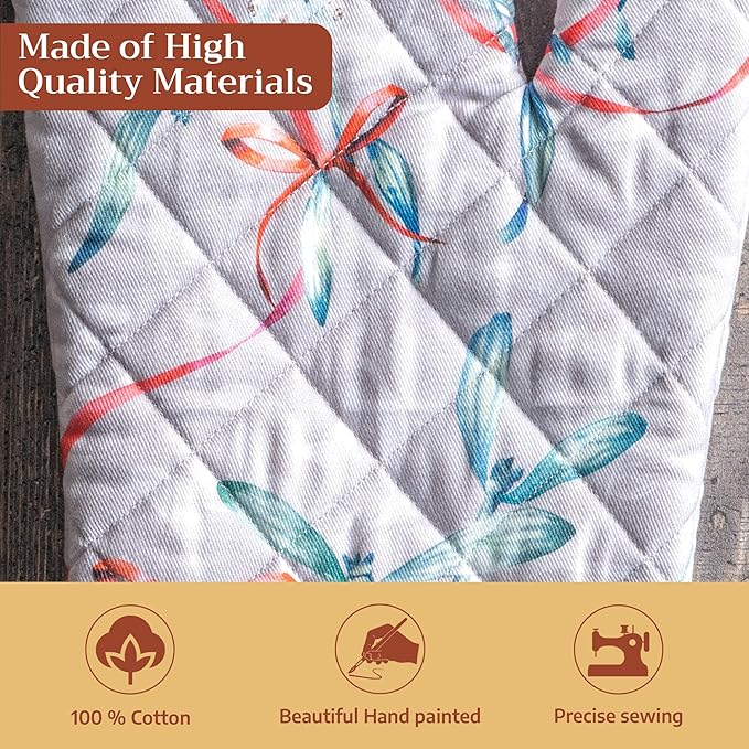 Maison d' Hermine Oven Gloves 100% Cotton Oven Mitt 7" x 13" with Loop Heat Resistant BBQ Cooking Gloves for Thanksgiving Christmas Decorations Baking Handling Hot Pans (Pack of 1, Enora)