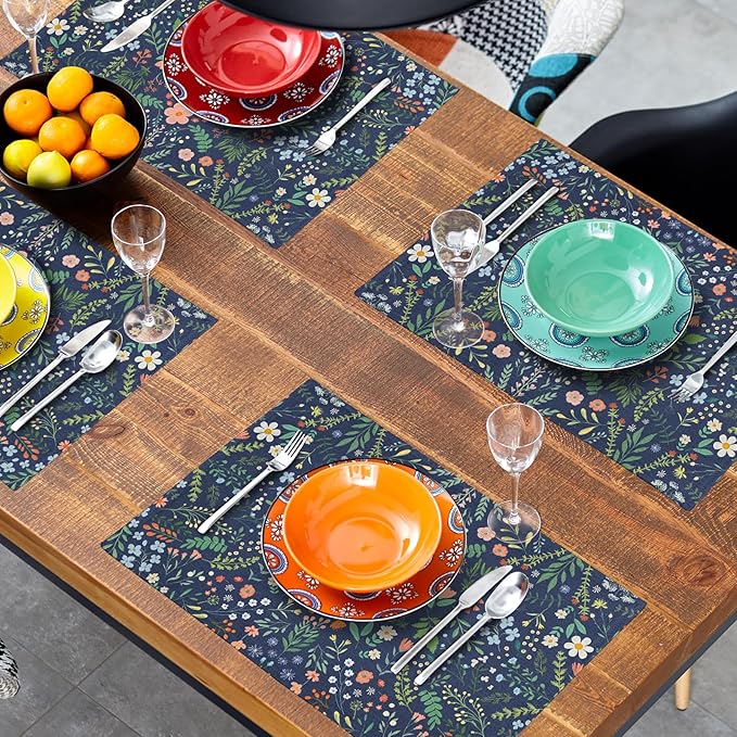 Giwawa Colorful Boho Flowers Placemats Set of 4 for Kitchen Dining, Navy Blue Rustic Floral Leaf Botanical Washable Linen Place Table Mat 12x18 Inches for Tabletop Seasonal Party Home Decor