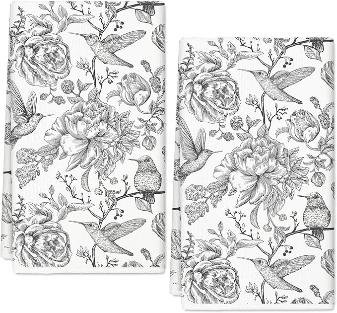 Flower Bird Kitchen Towel White Black Dish Towel 18 x 28 Inch Retro Floral Hand Drying Tea Towel for Cooking Baking Party Supplies, 2Pcs