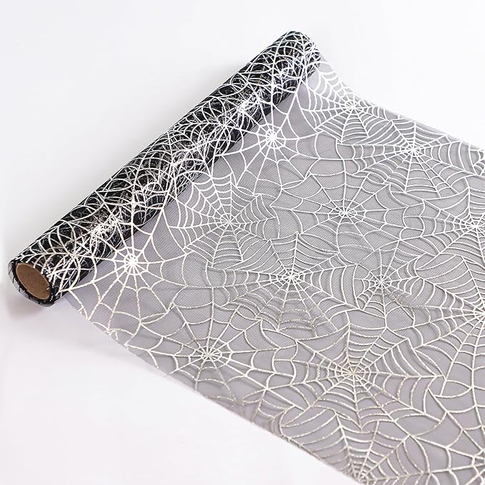 Snowkingdom Halloween Table Runner, Silver Spider Web Metallic Sequin Glitter Sheer Runners Roll 120", Black Table Decorations for Halloween, Wedding, Birthday, Themed Party, Christmas