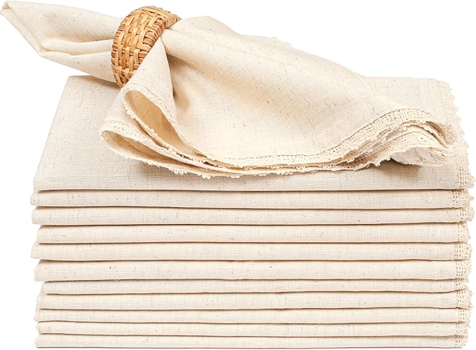Lightnpro Cloth Dinner Napkins in Cotton Flax Fabric with Lace & Tailored Mitered Corners – 18x18 Inch Set of 12, Wedding, Baby Shower & Cocktail Napkin, Machine Washable Fabric Napkins Natural Color