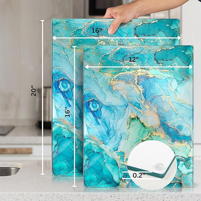 Kitchenville Glass Cutting Board 16"x12": Tempered Glass Kitchen Counter Protector - Durable- Scratch-Resistant, Heat-Proof - Design 9 - Teal Ocean