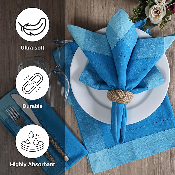 Bedding Craft Cotton Cloth Napkins Set of 12 – 20x20 Teal Blue Multi Double Hemstitched – Machine Washable Dinner Napkins for Weddings, Parties & Father’s Day Celebrations