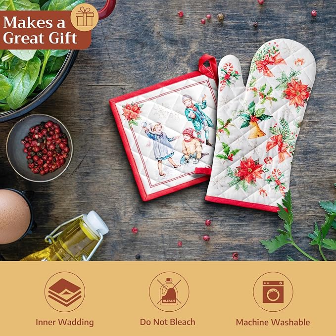 Maison d' Hermine 100% Cotton Oven Mitt & Pot Holder Set (7.5"x13" & 8"x8") Heat Resistant BBQ Cooking Gloves with Loop for Thanksgiving Christmas Decorations Handling Hot Pans (Chromo)