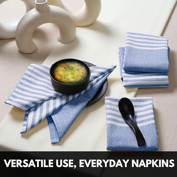 Cloth Napkins 18x18 Inches - Striped Design, 100% Cotton, Reusable & Durable Fabric Napkins for Dining, Everyday Meals, Events, Parties - Machine Washable, Set of 4, Indigo Blue