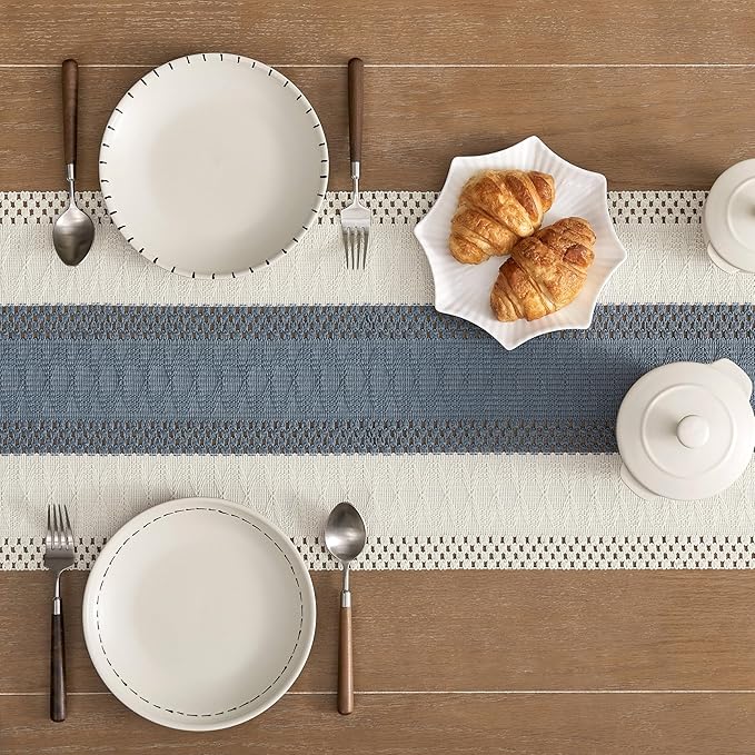 ZeeMart Macrame Style Bicolor Stitching Table Runner, 14 x 72 Inch Navy/Ivory, Boho Navy Blue Table Runners 72 Inches Long, Farmhouse Woven Home Decor