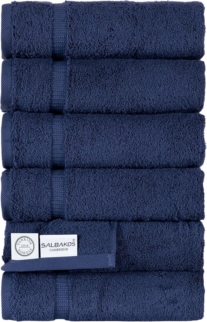 SALBAKOS 100% Turkish Cotton Hand Towel Set of 6, 16x30 inch | Premium Quality | Hotel & Spa Collection | Ultra Soft, Super Absorbent, Long Lasting Hand Towels | Made in Turkey (Navy, 6 Hand Towels)