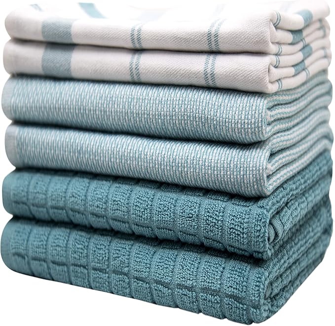 Premium Kitchen Towels (20”x 28”, 6 Pack) | Large Cotton Dish Towels | Flat & Terry Highly Absorbent Kitchen Linen Set with Hanging Loop | Teal Check