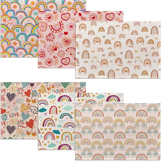 Rainbow Heart Placemats,Boho Whimsical Table Mats Set of 6,12x18 Inch,Waterproof Oil-Proof Washable and Reusable Linen placemats Holiday Party Kitchen Table Decorations