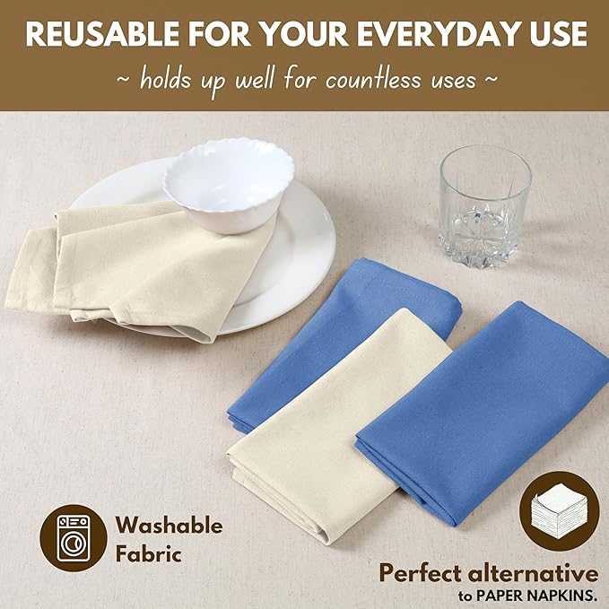 Native Fab Cotton Table Napkins, 4 Pack, 100% Cotton, 17x17 Inches, Premium Quality, Durable, Washable Fabric, Ideal for Weddings, Holiday Dinners, Coastal Decor, Easter, Sky Blue & Ivory
