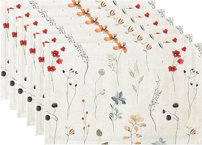 LilyCat Linen Fabric Floral Placemats, Waterproof Durable Boho Dining Table Mats for Kitchen, Rustic Vintage Washable Place Mats Set of 6, 18’’× 12’’