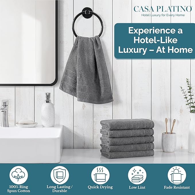 CASA PLATINO Hand Towels for Bathroom - 6 Pack (16"x28"), 100% Cotton Face Towel Set - Soft, Fade & Shrink Resistant - Hotel & Spa Inspired Hand Towels for Bathroom for Modern Family Homes - Cool Grey
